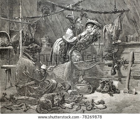 Old illustration of a Swedish Lapland fishers family in home interior. Created by Hockert, published on L'Illustration Journal Universel, Paris, 1857