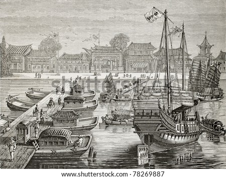 Old illustration of a boat bridge and other crafts in Tianjin. Created by Lebreton after Chinese drawing of unknown author, published on Le Tour du Monde, Paris, 1864