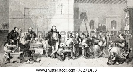 Old illustration depicting Robert Estienne, famous French printer, and other learned men of his circle. Created by Popelm, published on L'Illustration Journal Universel, Paris, 1857