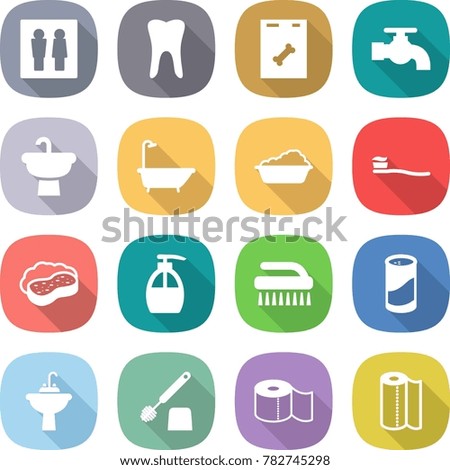 flat vector icon set - wc vector, tooth, roentgen, water tap, sink, bath, washing, brush, sponge with foam, liquid soap, cleanser powder, toilet, paper, towel