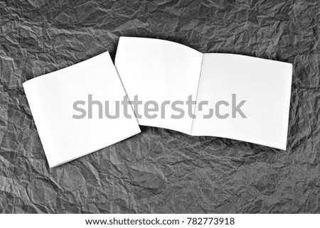 Blank brochures at a grey wrinkled paper background