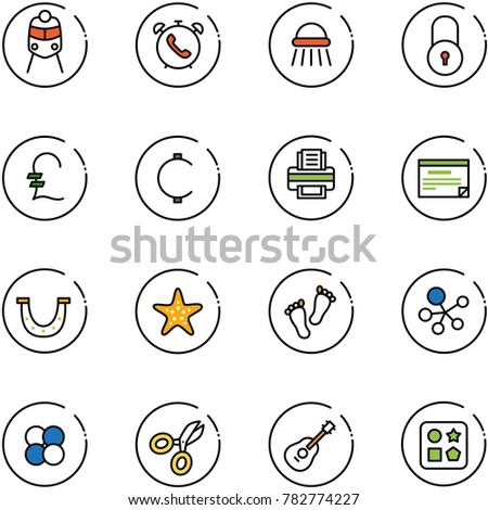 line vector icon set - train vector, phone alarm, shower, lock, pound, cent, printer, schedule, luck, starfish, feet, molecule, atom core, scissors, guitar, cube hole toy