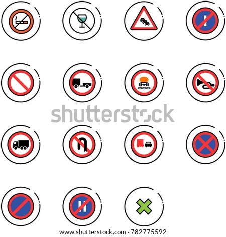 line vector icon set - no smoking sign vector, alcohol, multi lane traffic road, parkin odd, prohibition, trailer, dangerous cargo, horn, truck, turn back, overtake, stop, parking, even