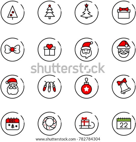 line vector icon set - christmas tree vector, gift, bow, santa claus, garland, ball, bell, calendar, wreath, sleigh