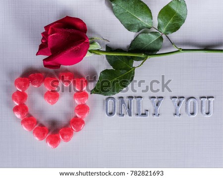 Image of arrangement for Valentine day with red rose and red heart shape pepers and word of silver letter say only you on a pink background concept for Valentine card