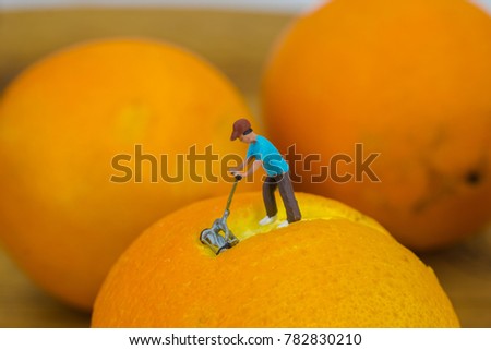 close up figure Miniature people farmer working with a lawn mower on a orange