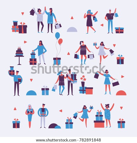 Vector illustration in a flat style of group of shopping people