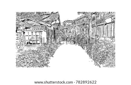 Hand drawn sketch of Lijiang, Yunnan, China in vector.