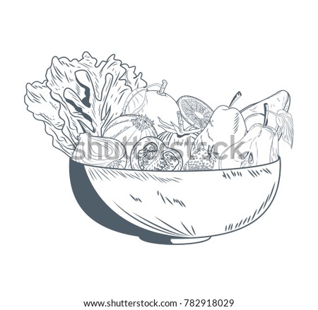 Bowl with vegetables and fruits hand draw