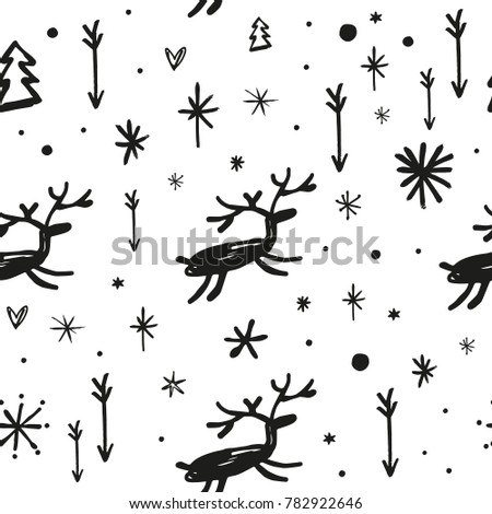 Vector, clip art. Deers pattern, arrows, forest, wild, tribal, calligraphy, seamless pattern, wallpaper. Poster, t-shirt, textile, print, card.