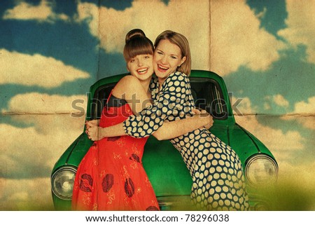 happy young women with retro car, vintage