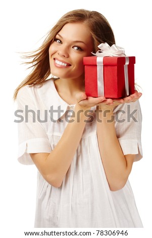 Image of happy female holding red giftbox