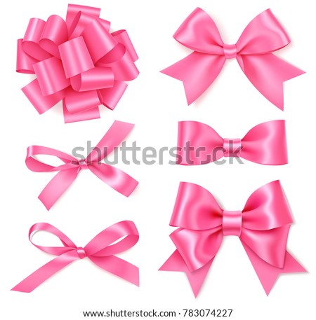 Set of different decorative pink bows for gift decor. Mother's Day holiday decorations. Vector rose bow isolated on white background