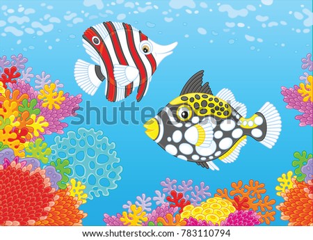 A funny butterfly fish and a clown triggerfish swimming in blue water over a colorful coral reef in a tropical sea, a vector illustration in cartoon style