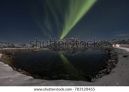 Blurred wonderful reflection green aurora borealis in the lake fjord camp site at lofoten, Norway