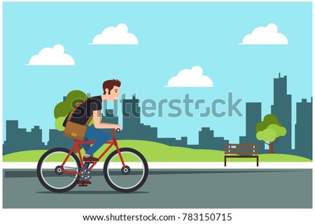 Young man rides a sports bike on a park road, Vector Illustration Bicycle man