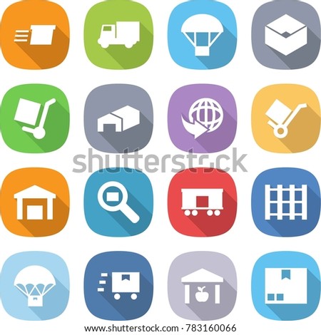 flat vector icon set - delivery vector, truck, parachute, box, cargo stoller, warehouse, trolley, search, railroad shipping, pallet, fast deliver, package