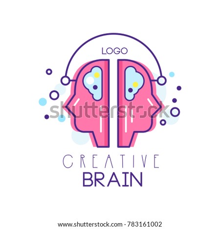 Two people profiles in brainstorming process. Creative brain symbol in outline style with pink fill. Concept of idea creation. Vector for company logo, emblem, label