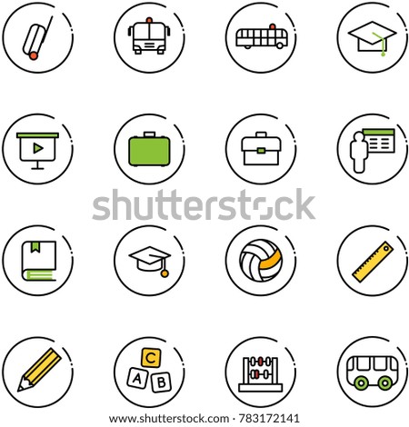 line vector icon set - suitcase vector, airport bus, graduate hat, presentation board, case, portfolio, book, volleyball, ruler, pencil, abc cube, abacus, toy