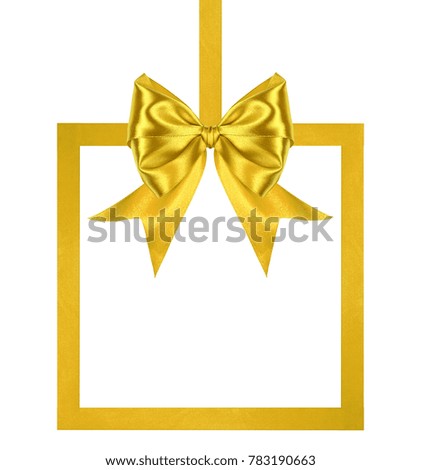 Holiday big gold silk ribbon bow with tails with ribbon square isolated on white background
