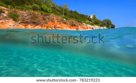 Sea level photo of tropical turquoise clear waters and rocky seascape