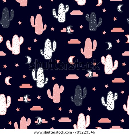 Vector seamless pattern with succulent cactus, stars and moon.