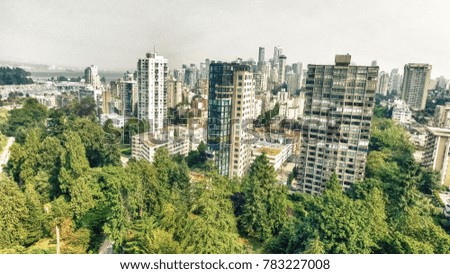 Aerial view of Vancouver skyline from Stanley Park, Canada.