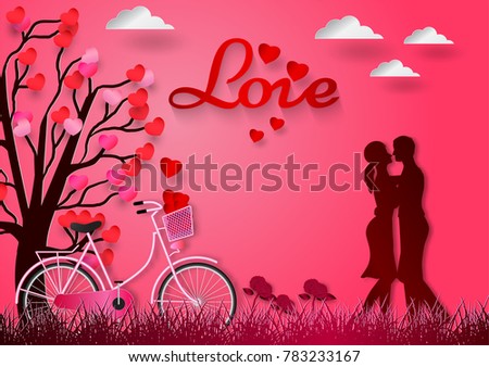 Paper art of with man and woman in love and red heart with pink background, valentine's day concept, vector illustration