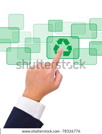 Conceptual image, hand pushing a recycle button on a touch screen interface.