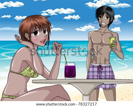 Pretty girl and boy enjoying the sun and their drinks near the sea - Anime Style