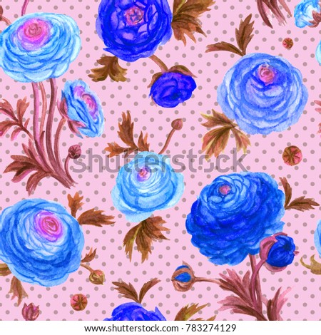 Watercolor seamless pattern of flowers Ranunculus against a background of polka dots.