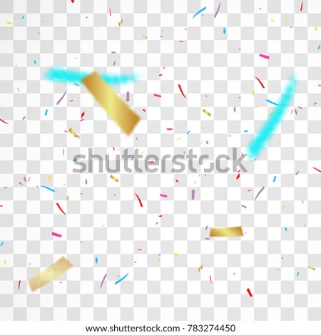 Golden and Colorful bright falling confetti isolated on transparent background.  Holiday Decorative Design vector illustration