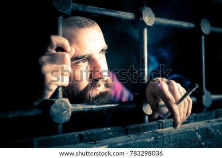 a helpless prisoner between the bars