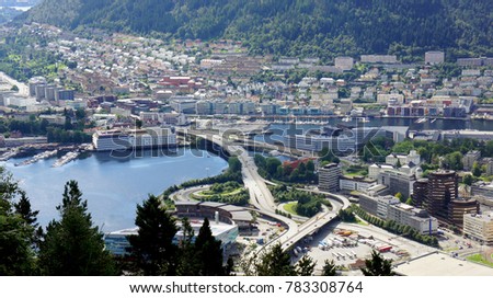 Top view of the road in centre of Bergen city, beautiful landscape, sunny day, Hordaland county, Norway