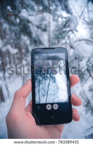Traveler photographs a smartphone winter snowy forest.