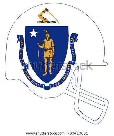 The flag of the USA state of Massachusetts below a football helmet silhouette
