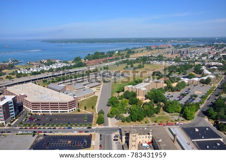 Lake Erie and Buffalo, viewed from Buffalo City Hall, New York, USA.
