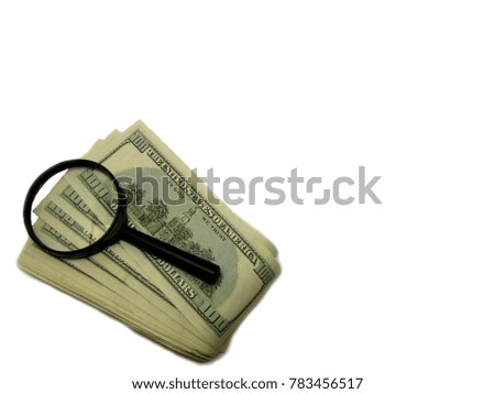 Isolated objects on white background, dollars, lens