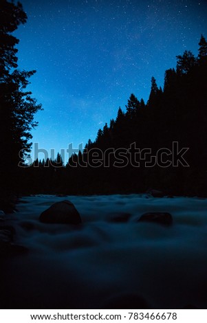 Long exposure of a starry blue night sky, above a flowing white river dotted by dark boulders in valley of tree silhouettes
