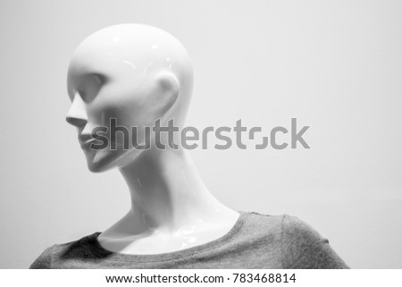 Close-up of a plastic mannequin head. Black and white Royalty-Free Stock Photo #783468814