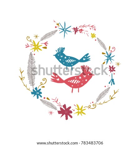 Vector, clip art, hand drawn. Birds, flowers, decor elements, label, frame. Poster, t-shirt, textile, print, card.
