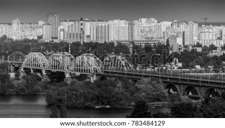 Black and white city view, bridge on Dnipro river, Kyiv, Ukraine