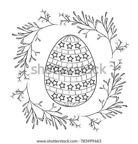 easter egg with decorative stars and branches frame around in monochrome silhouette