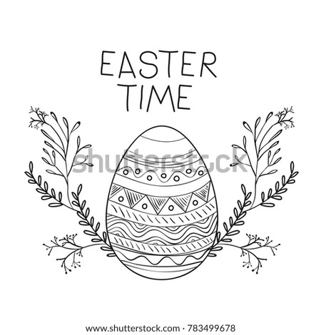 easter time poster with easter egg with decorative branches around in monochrome silhouette