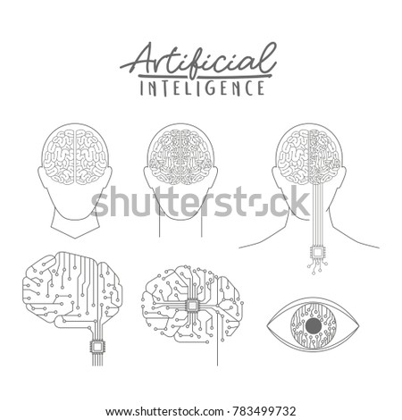 artificial intelligence poster with human and hybrid brains in monochrome silhouette