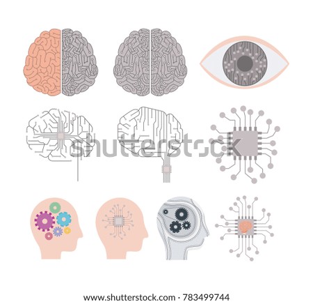 artificial intelligence set with brains and human heads color silhouette