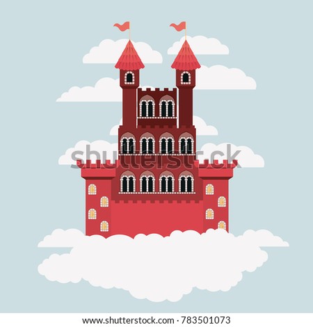 red castle of fairy tales in sky surrounded by clouds in colorful silhouette