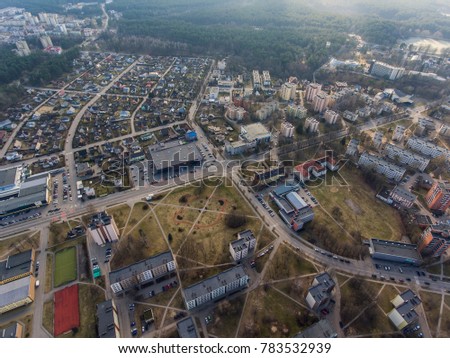 Aerial view over resort city Druskininkai, Lithuania. During early spring daytime. 