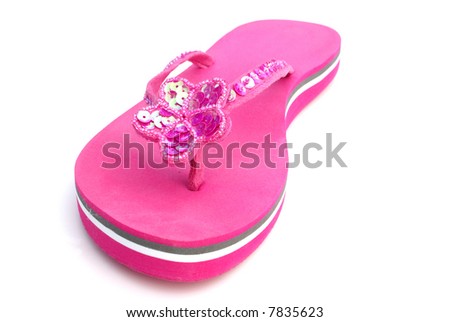 Pink summer footwear against white background.