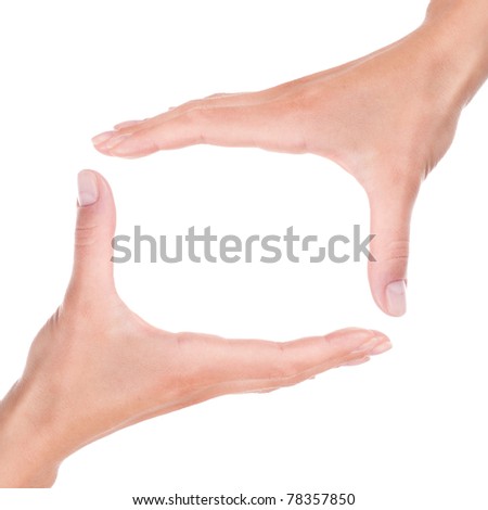 Two female hands framing a abstract frame square border isolated white background